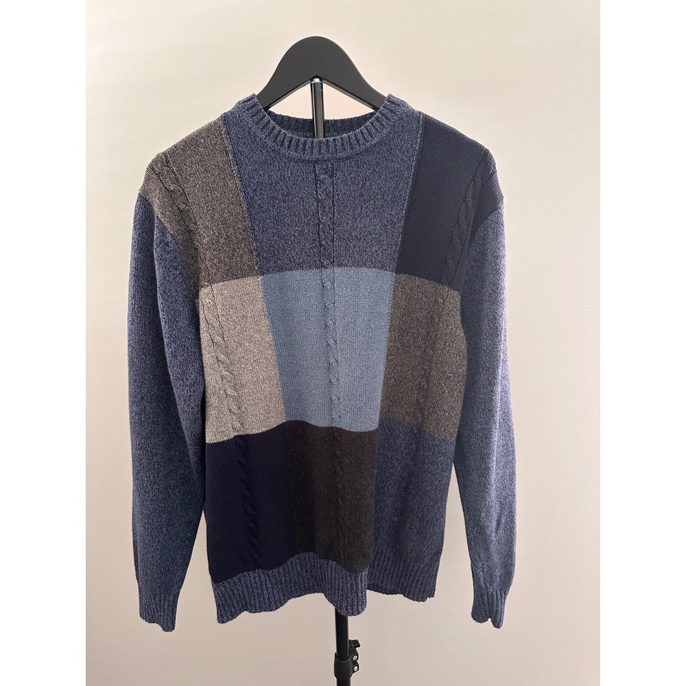 Dockers Mens Blue Grey Colorblock Cable Knit Cotton Crewneck Sweater Large